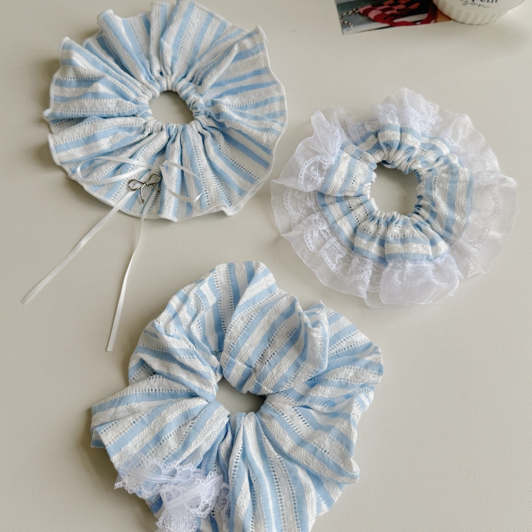 Women's Spring Summer Sweet Cloth Bow Knot Hair Tie Blue Plaid Lace