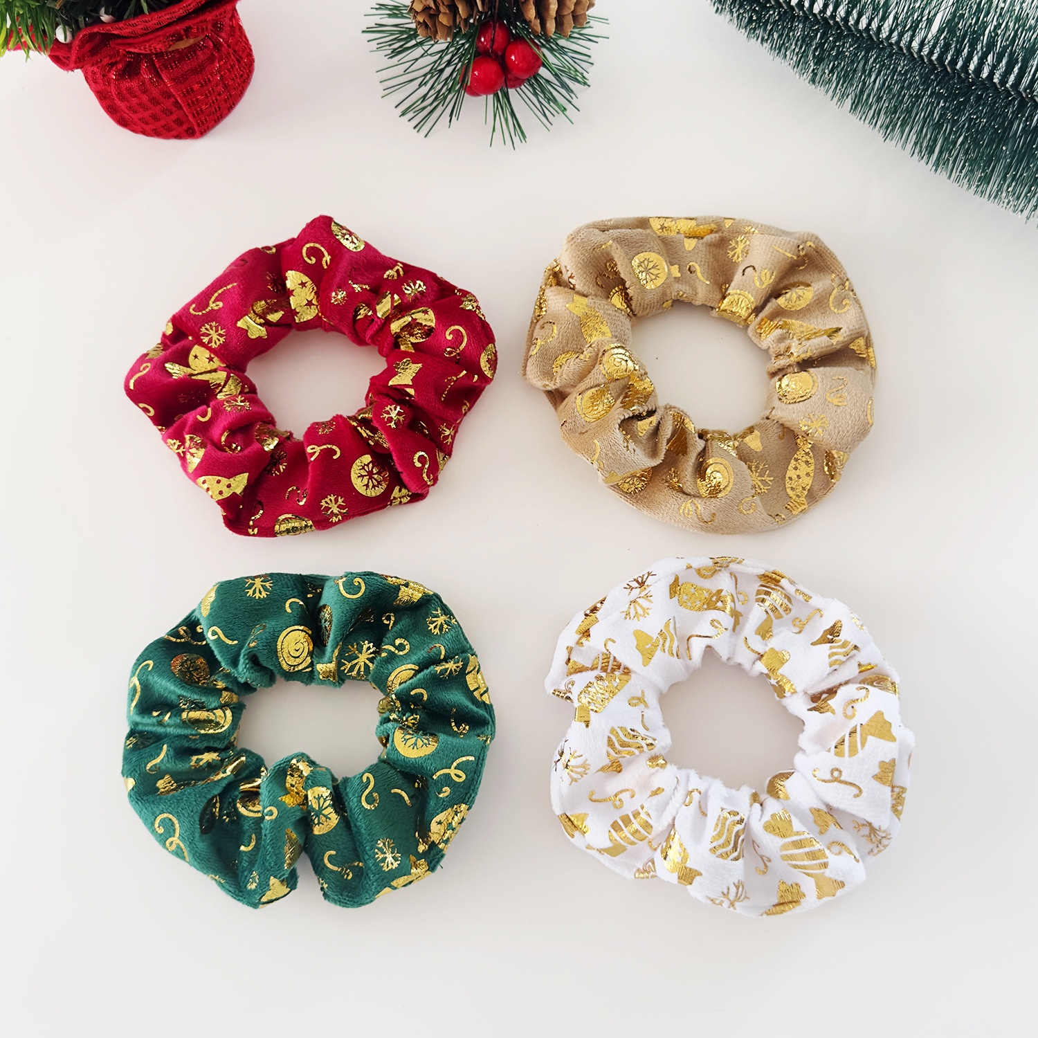 Women's Festive Velvet Hair Scrunchies Gold Embossed Christmas Tree