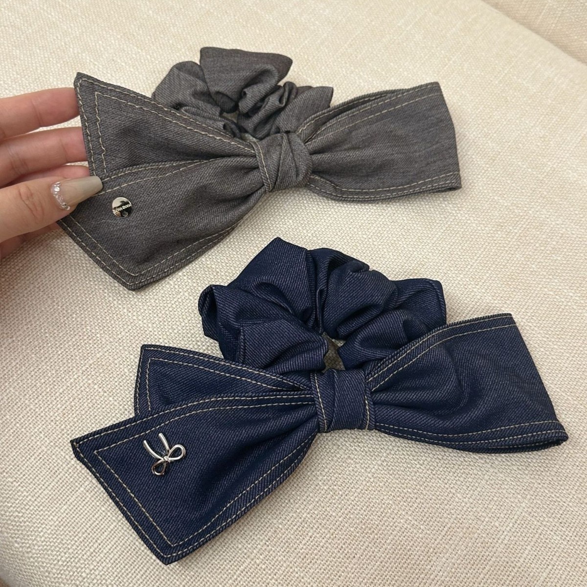 Women's Handmade Denim Butterfly Knot Scrunchie Retro Fashionable Grey Blue