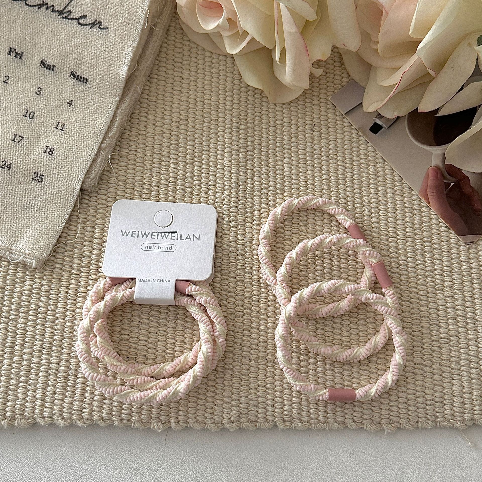 Women's Summer Cloth Scrunchies 3PCS Pack Sweet Striped Beige