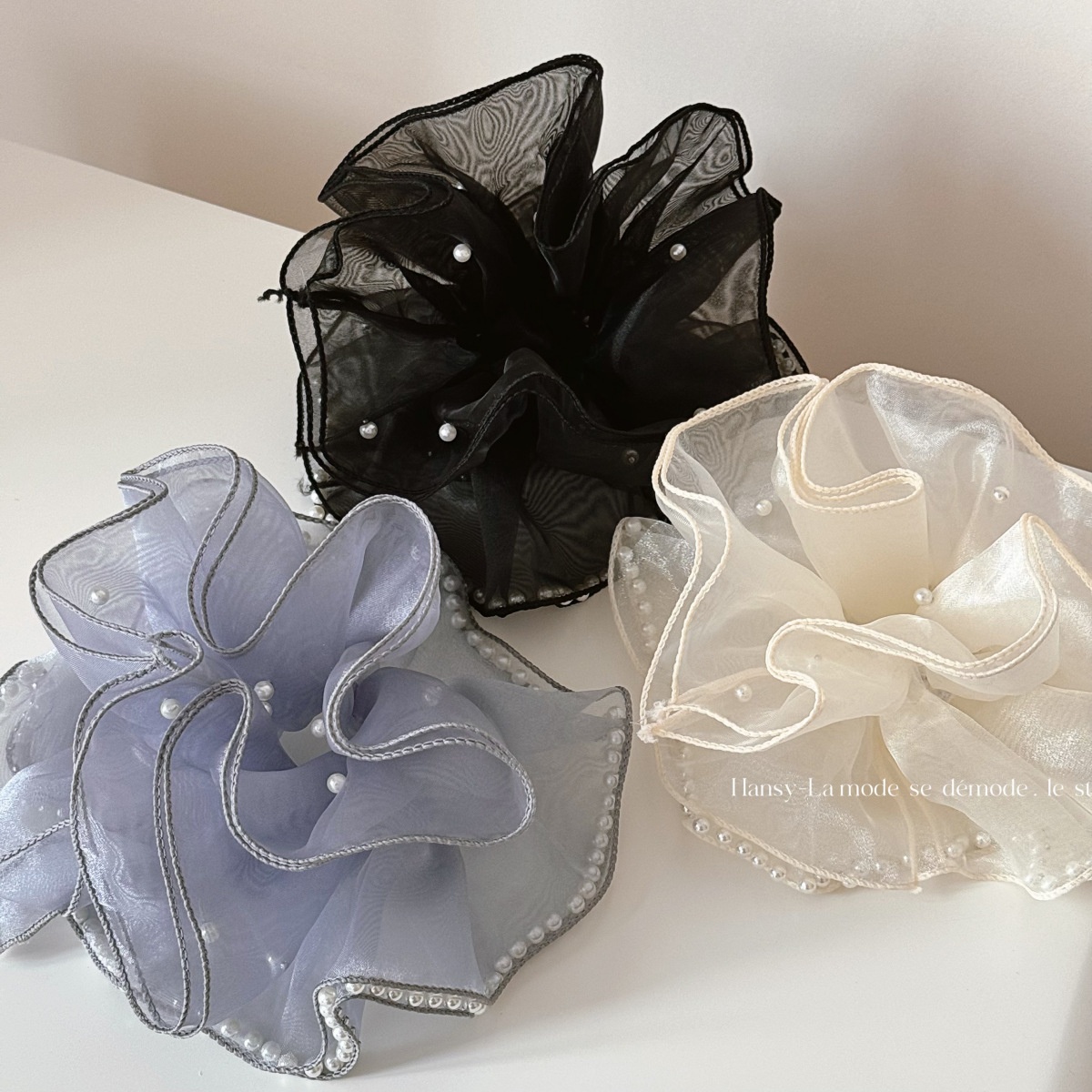 Women's Extra Large Hepburn Beaded Net Hair Tie Volume-Increasing Solid Cloth