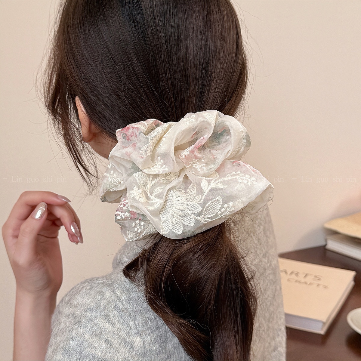 Women's Soft Gauze Fairy Hair Tie Ditsy Floral Embroidery