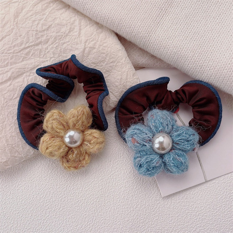 Women's Pearl Knitted Flower Elastic Hair Tie Floral Blue Yellow Hair Band