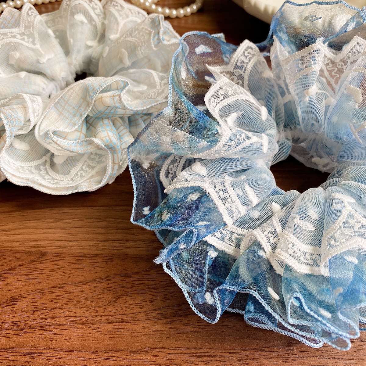 Women's Boho Summer Mesh Lace Bow Elastic Hair Tie Blue Heart Pattern