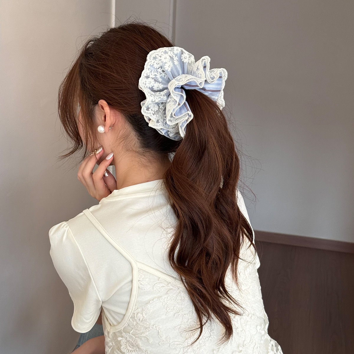 Women's Spring French Polyester Hair Tie Blue And Beige Striped Lace