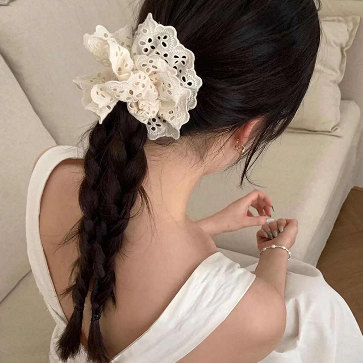 Women's Princess Ballet Fabric Hair Scrunchie White Hollow Lace