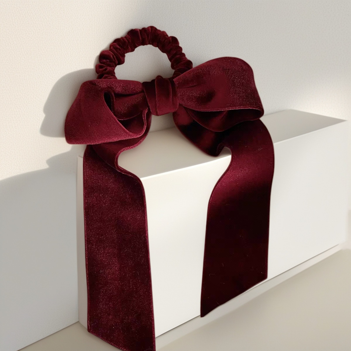 Women's Elegant Velvet Bow Ribbon Ponytail Hair Tie Solid Burgundy