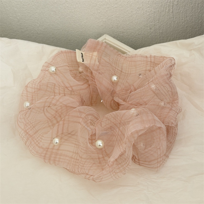 Women's Daily Pearl Gauze Scrunchies Pink Plaid Checkered Hair Tie