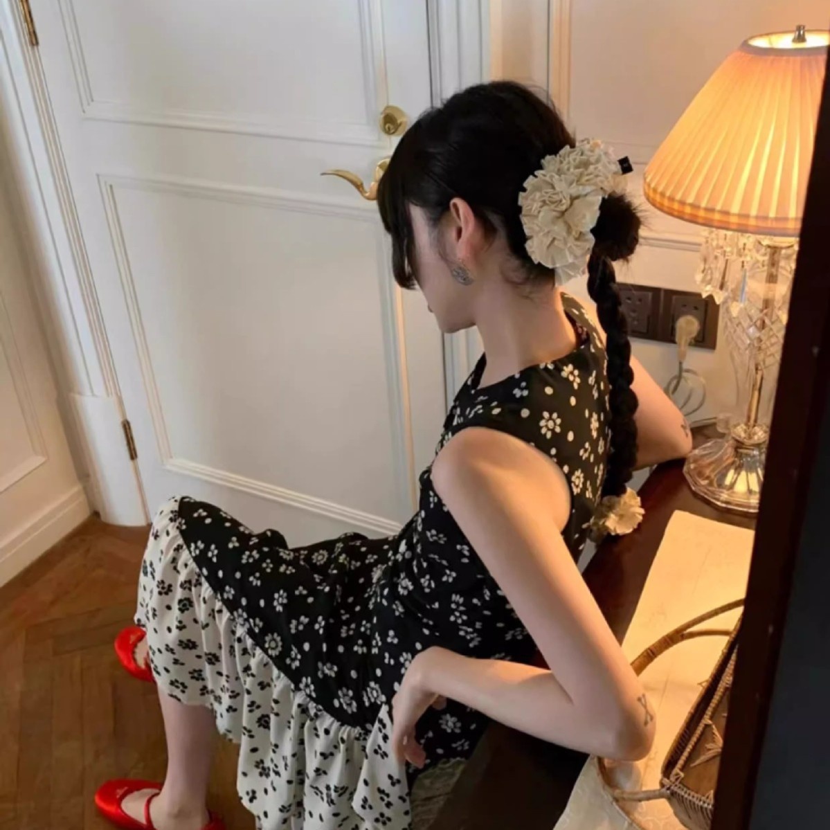 Women's Spring French Style Cloth Hair Tie Red Flower Pattern