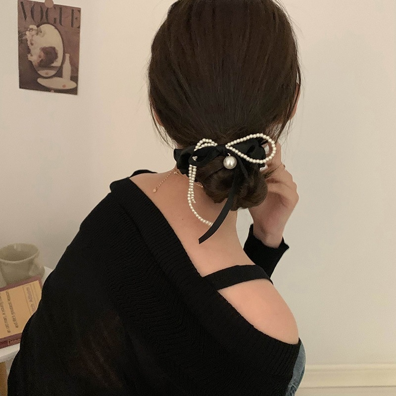 Women's French Pearl Cloth Elastic Hair Bun Tie Beige Black Bowknot