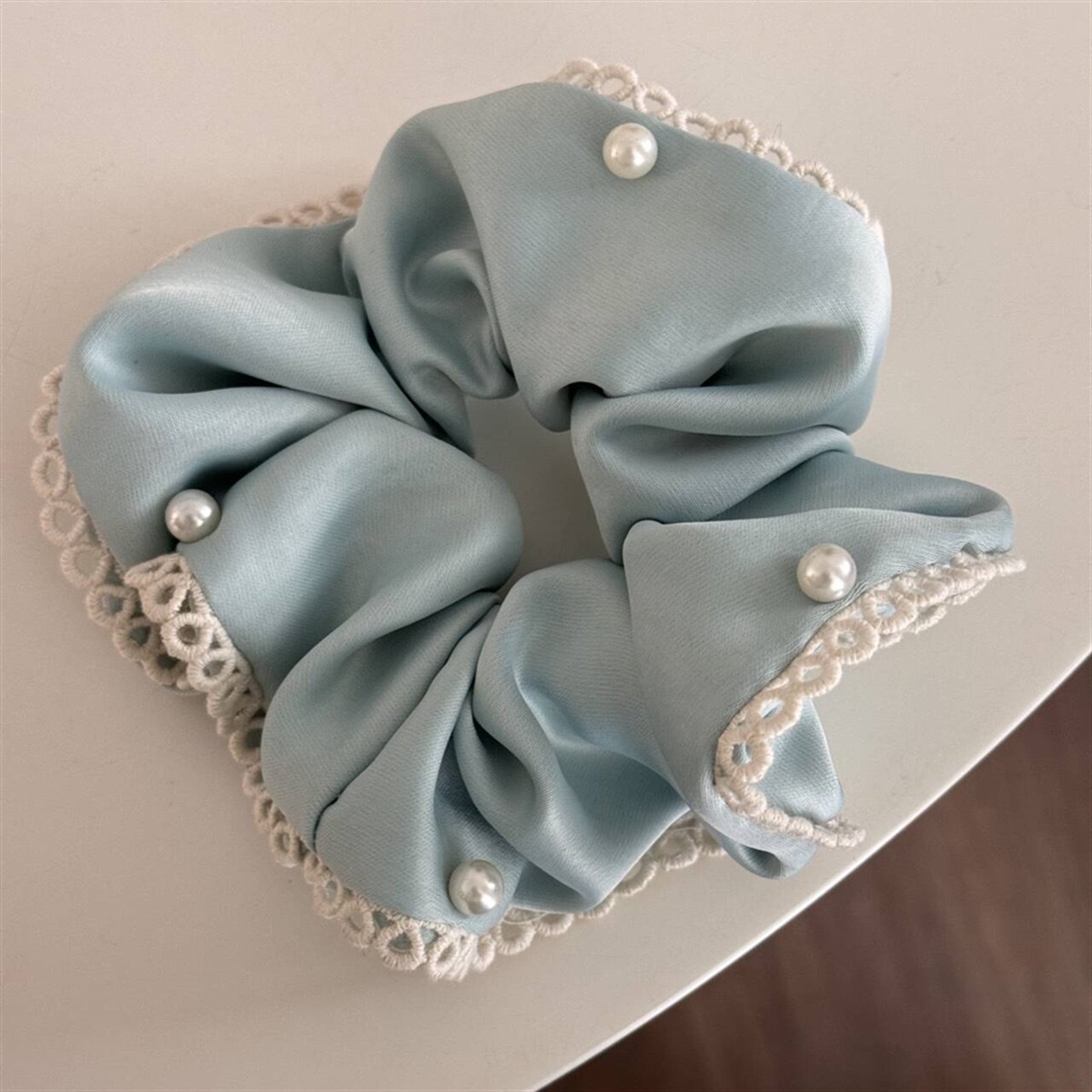 Women's Satin Pearl Lace Bow Elastic Hair Tie For Low Ponytail Solid Color