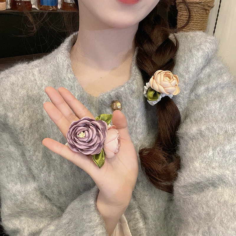 Girls Sweet Cloth Low Ponytail Braid Hair Accessories Tea Rose Floral