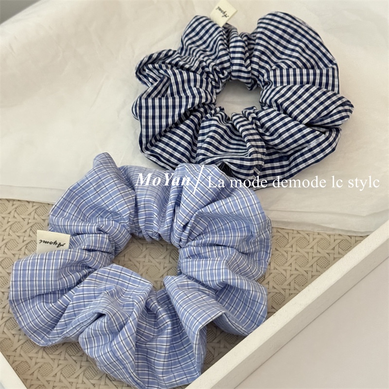 Women's Everyday Cloth Scrunchie Hair Tie Navy Blue Plaid Checkered