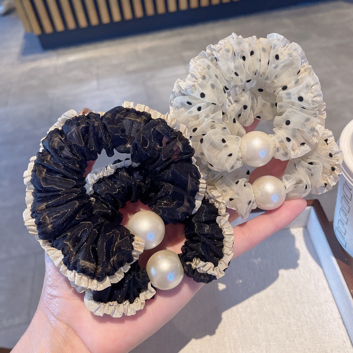 Women's Summer French Style Gauze Pearl Hair Tie Black Polka Dots