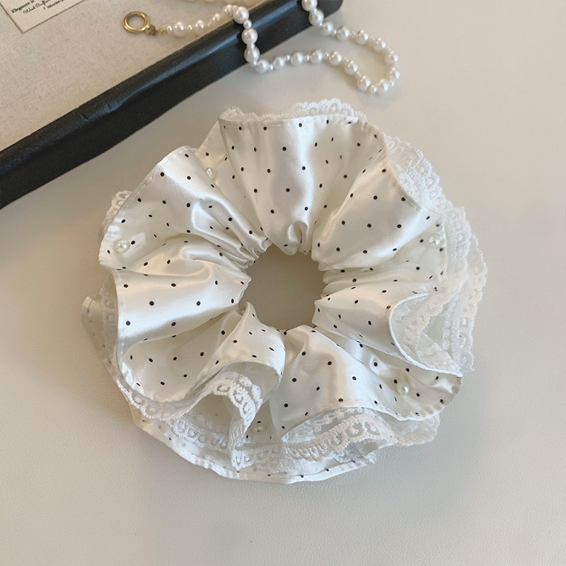 Women's Spring Satin Lace Scrunchie Hair Tie White Polka Dots