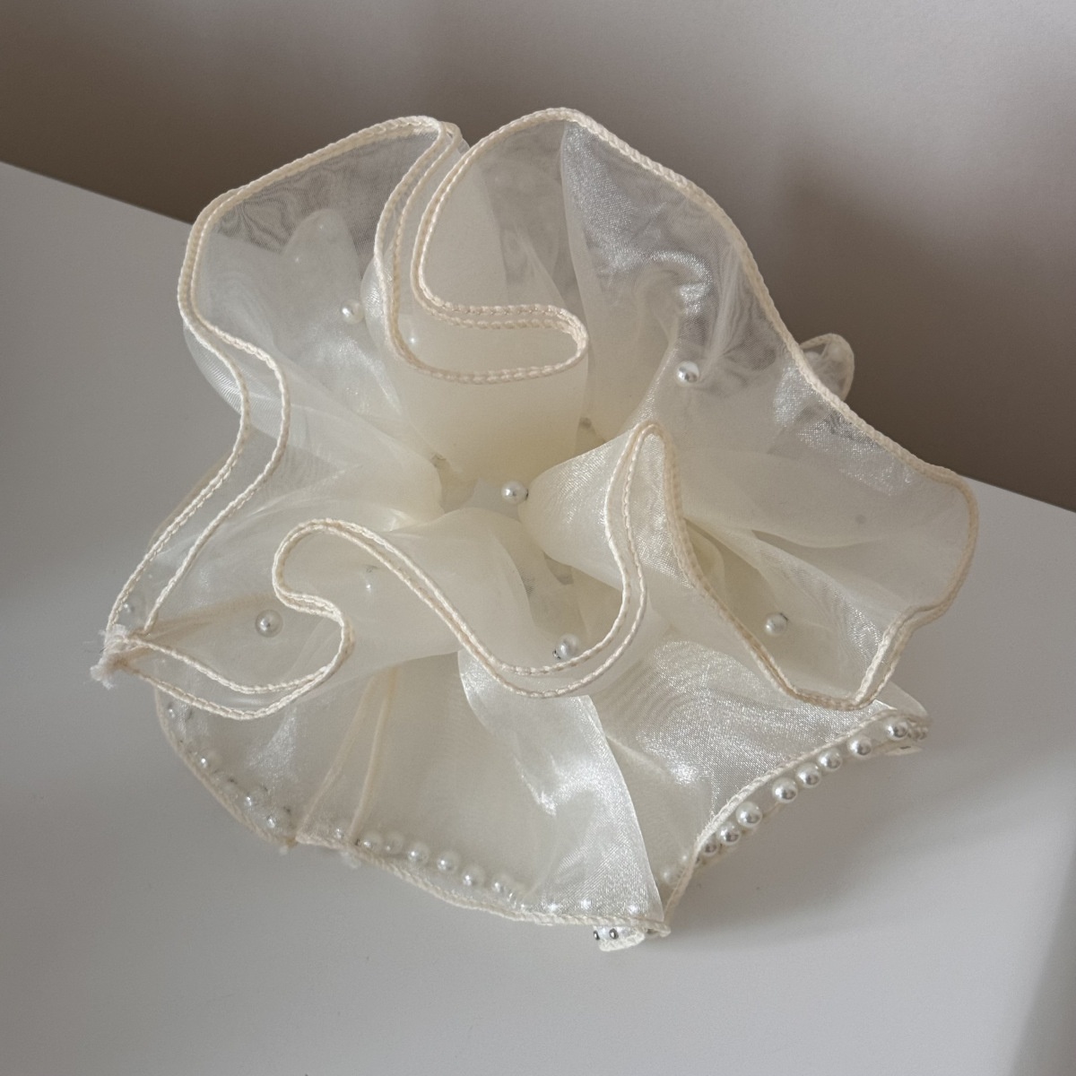 Women's Extra Large Hepburn Beaded Net Hair Tie Volume-Increasing Solid Cloth