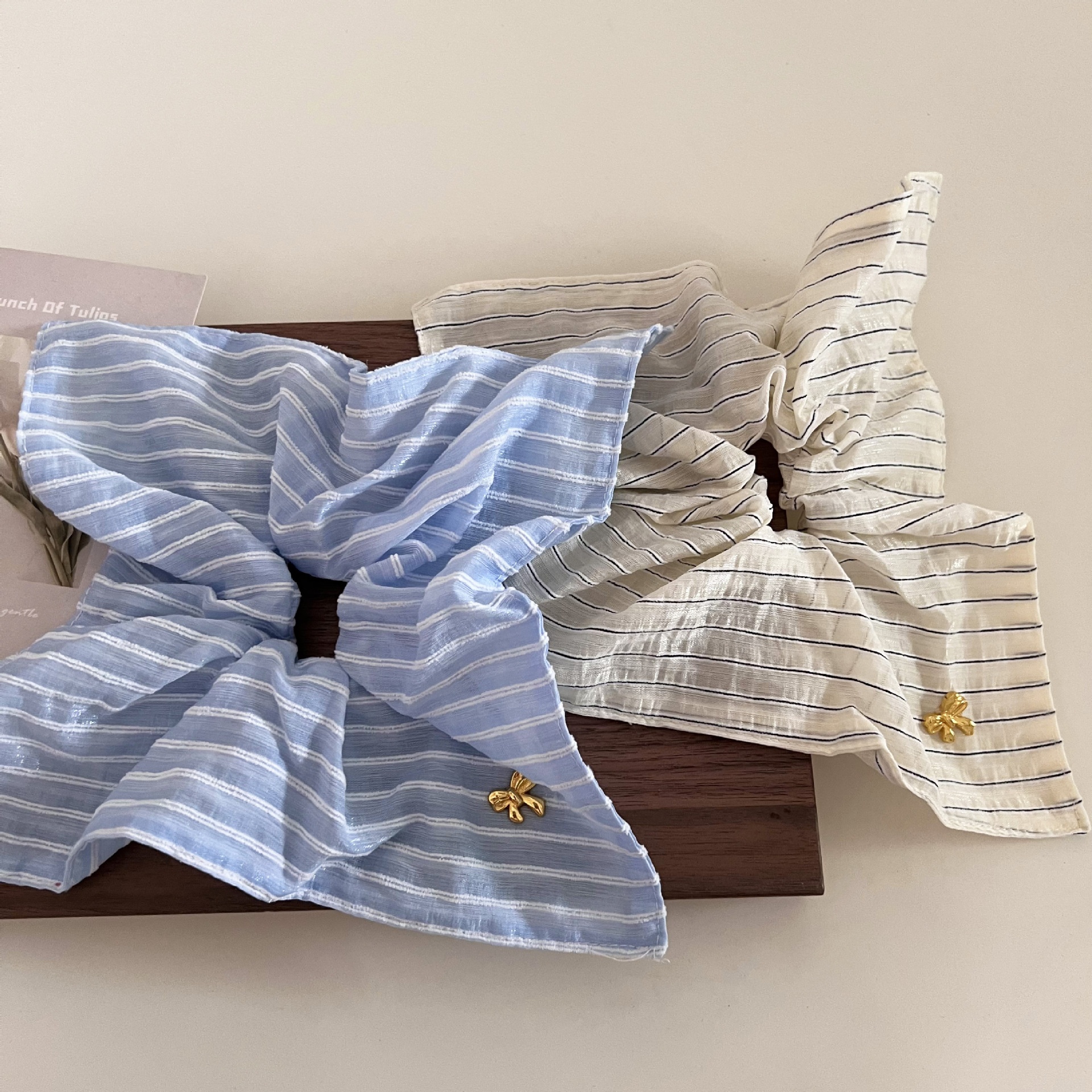 Women's Gentle Cloth Bow Hair Tie Scrunchie Blue Beige Striped Dot