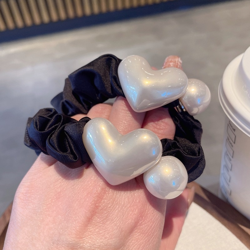 Women's Spring Sweet Cloth Pearl Hair Tie Black & White Heart Pattern