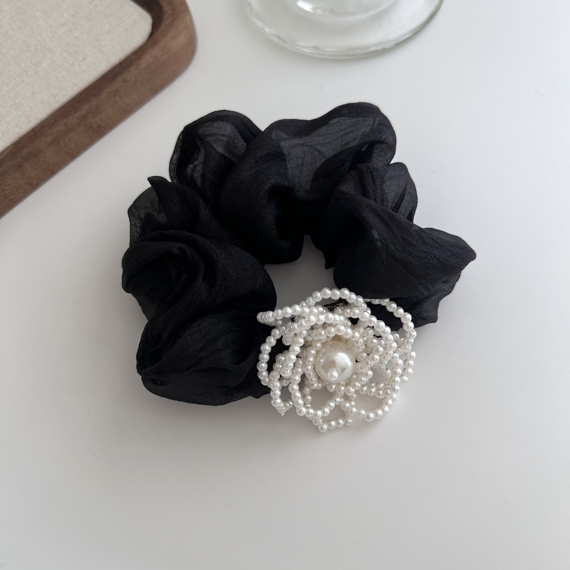 Women's Pearl Floral Mesh Hair Tie Elastic French Bun Solid Color