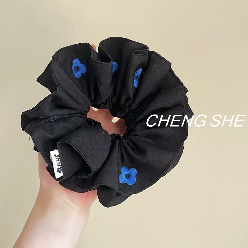 Women's Elastic Cloth Bowknot Scrunchie Fresh Blue Floral Embroidery