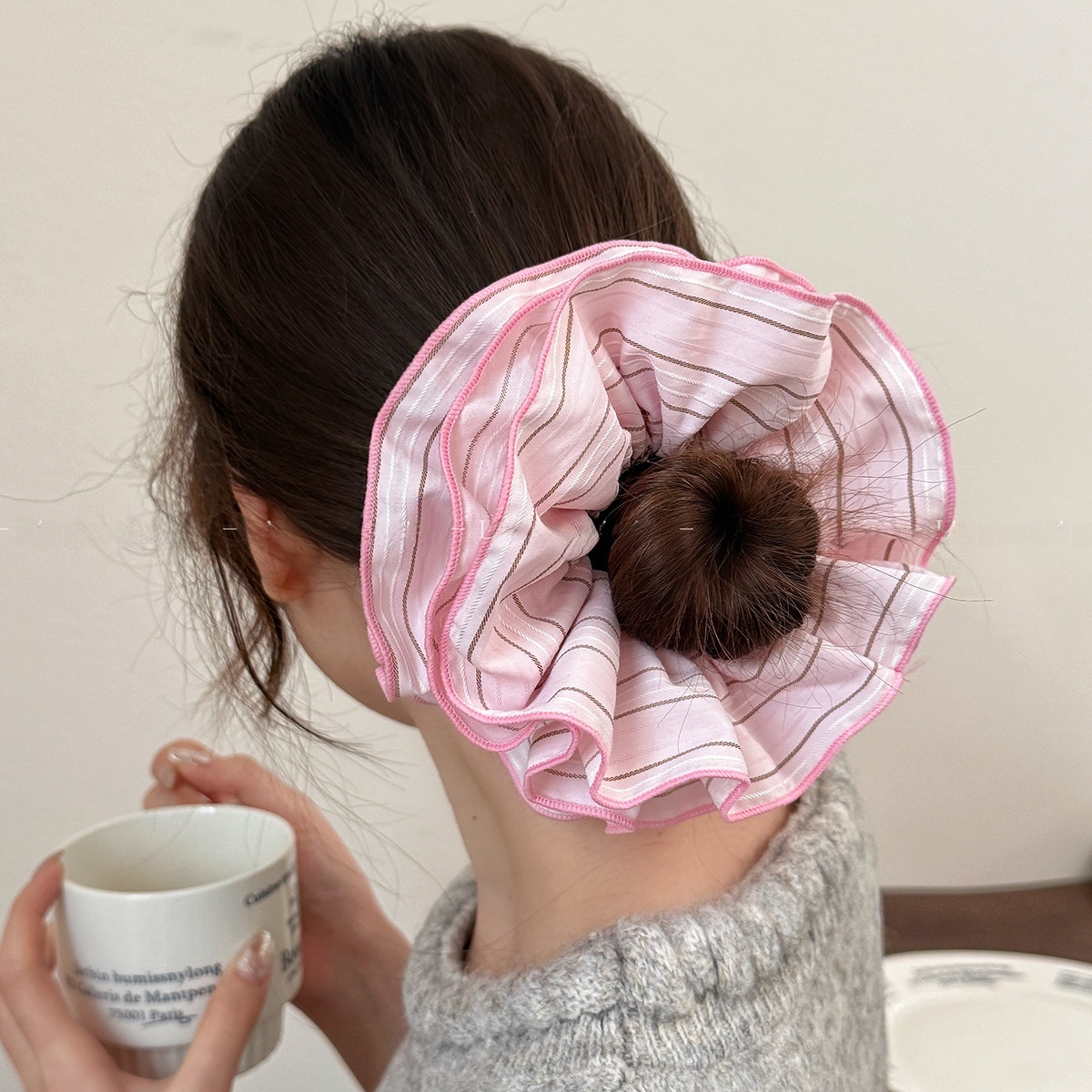 Girls Four-Layer Cloth Hair Tie Multi-Functional Hairband Pink Polka Dot