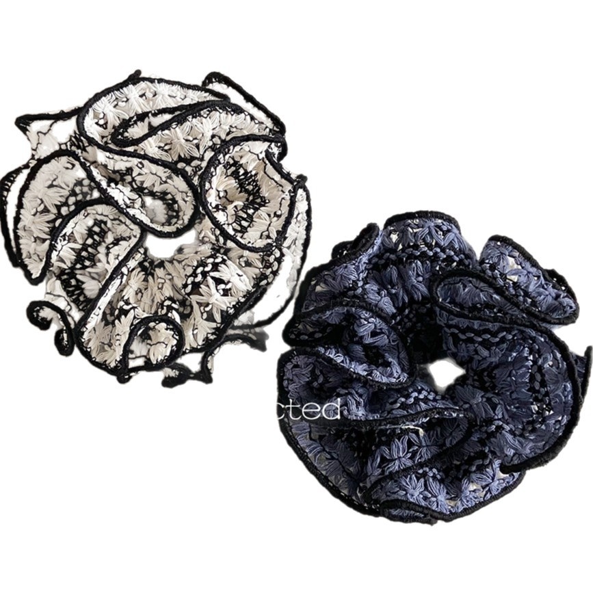 Women's Vintage Knit Flower Hair Tie, Beige & Blue Spring Summer Floral