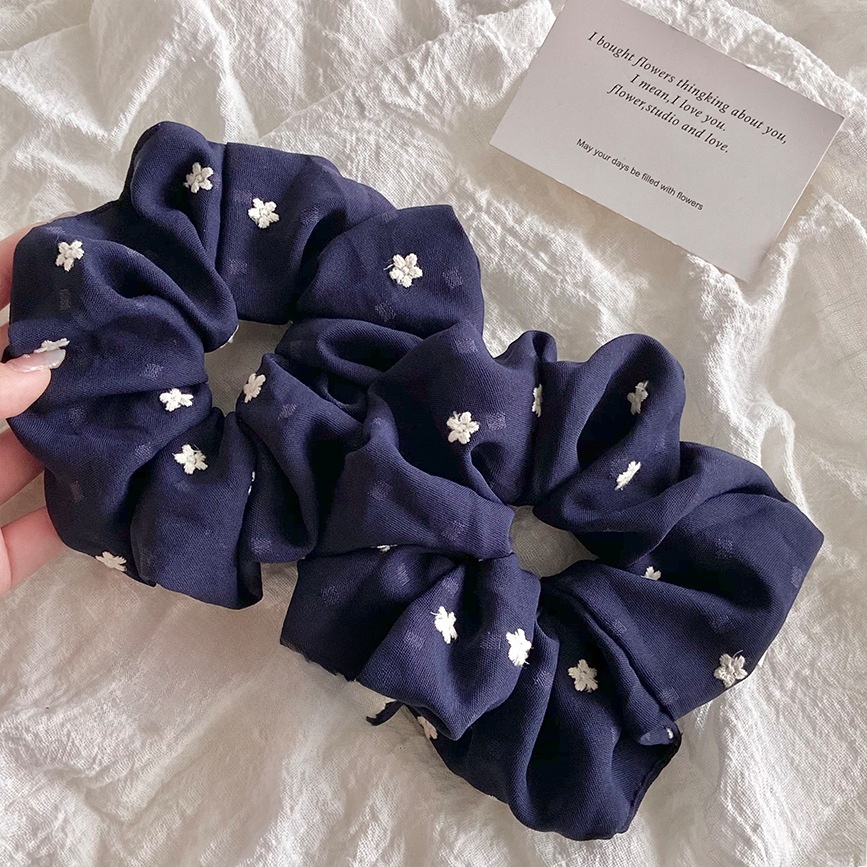 Women's Spring Tulle Hair Tie Navy Blue Ditsy Floral Embroidery