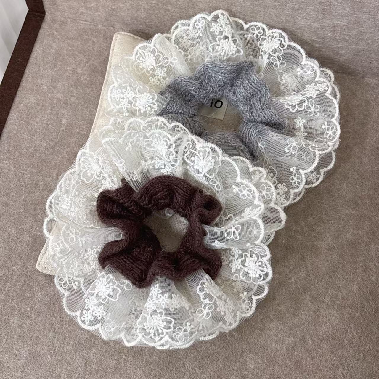 Women's Gray Knitted Lace Hair Ties Autumn Winter Fashionable Ponytail Bands