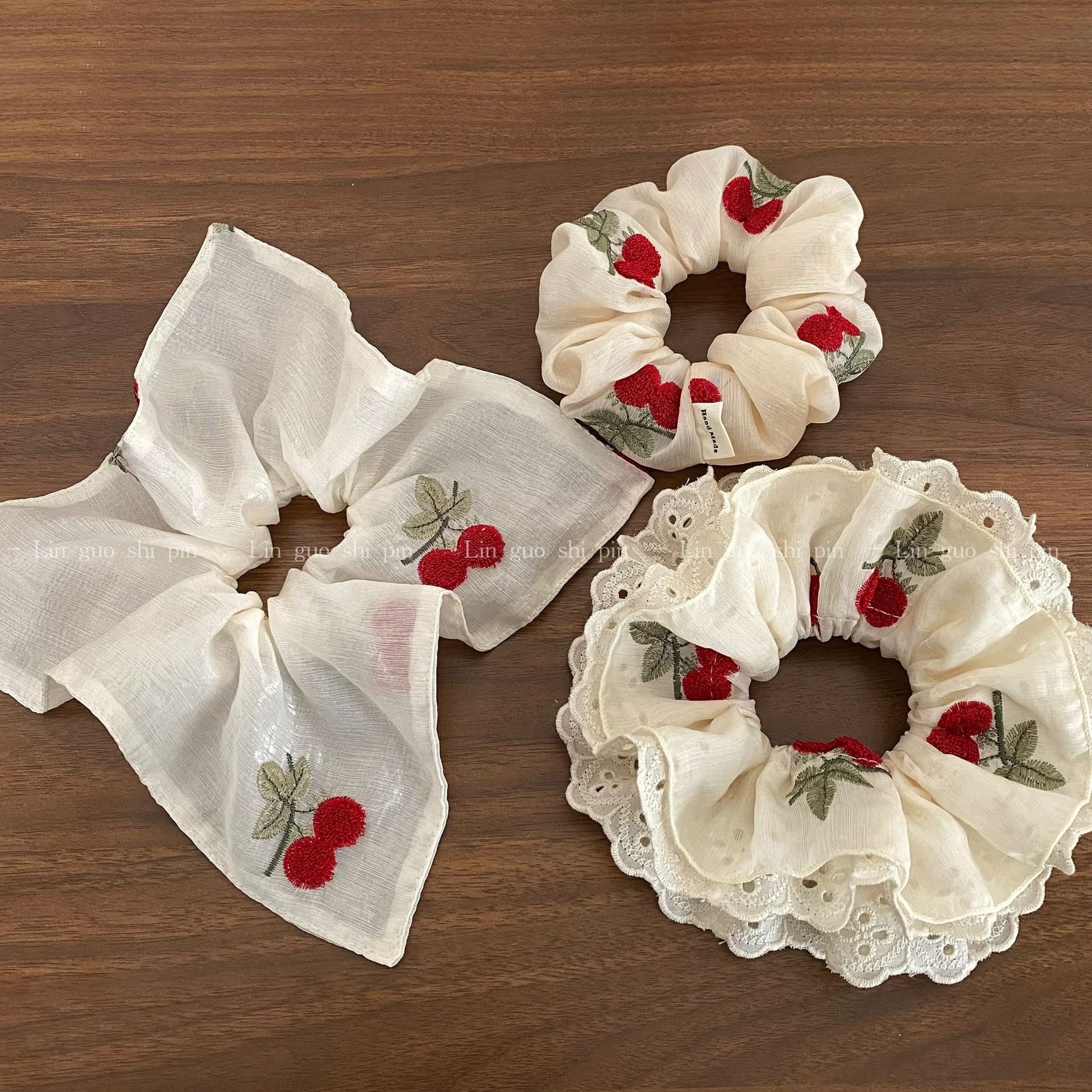 Women's Sweet Gauze Hair Tie White Cherry Pattern Lace Embroidery