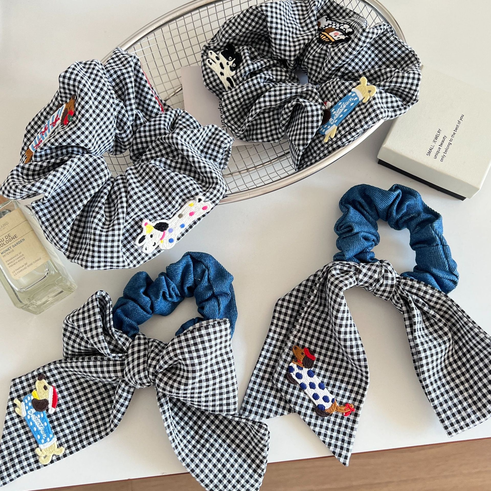 Women's Fabric Bow Tie Hair Scrunchie Plaid Sausage Dog Print