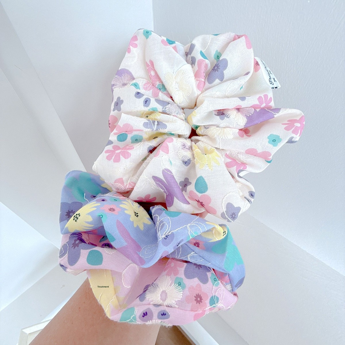 Women's Summer Cloth Hair Tie Ditsy Floral Embroidery Beige Pink Purple