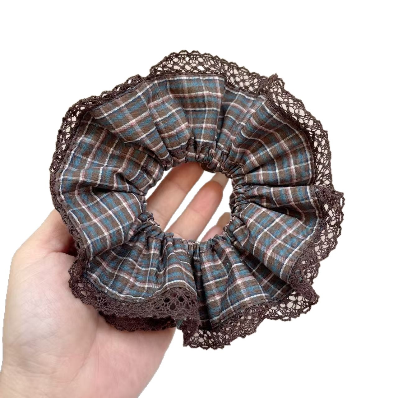 Women's Spring Cloth Hair Tie Scrunchie Coffee British Plaid Lace