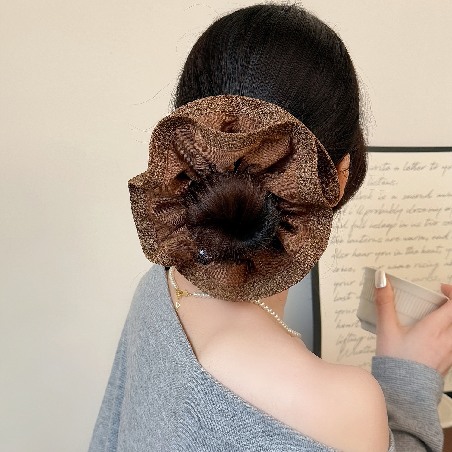 Women's New Style Cloth Flower Hair Tie, Grey Color Block Spring Accessory