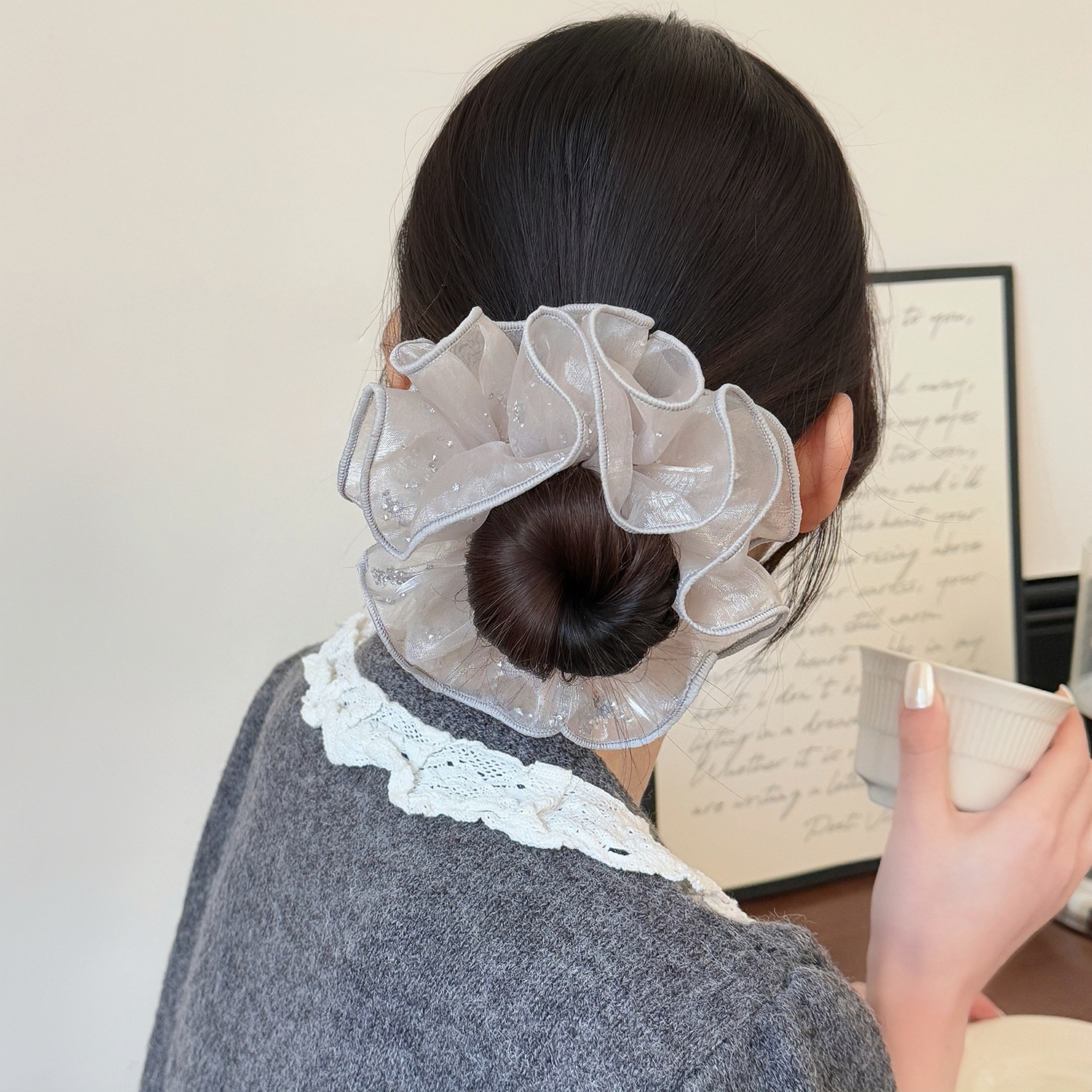 Women's Summer Rhinestone Gauze Floral Hair Tie Black Lilac Yellow