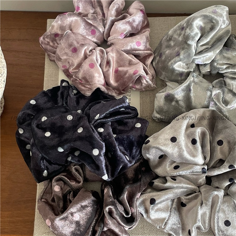 Girls Fashionable Velvet Satin Pleated Hair Scrunchies Polka Dots