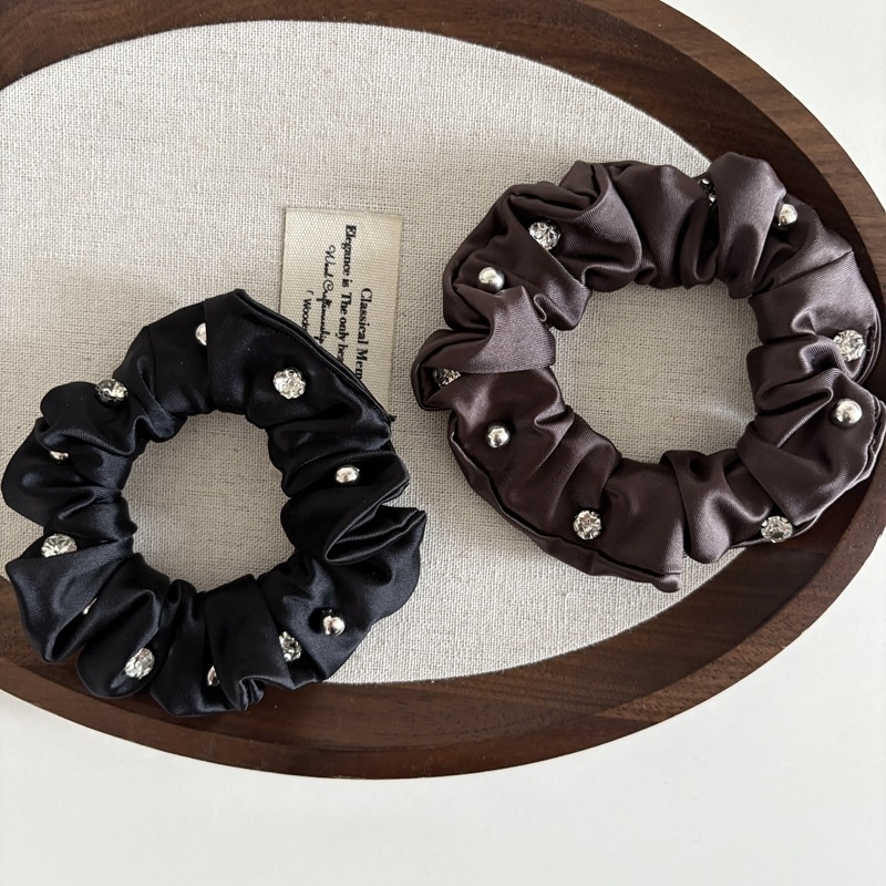 Women's Elegant Satin Crystal Ponytail Hair Ties Solid Black Coffee