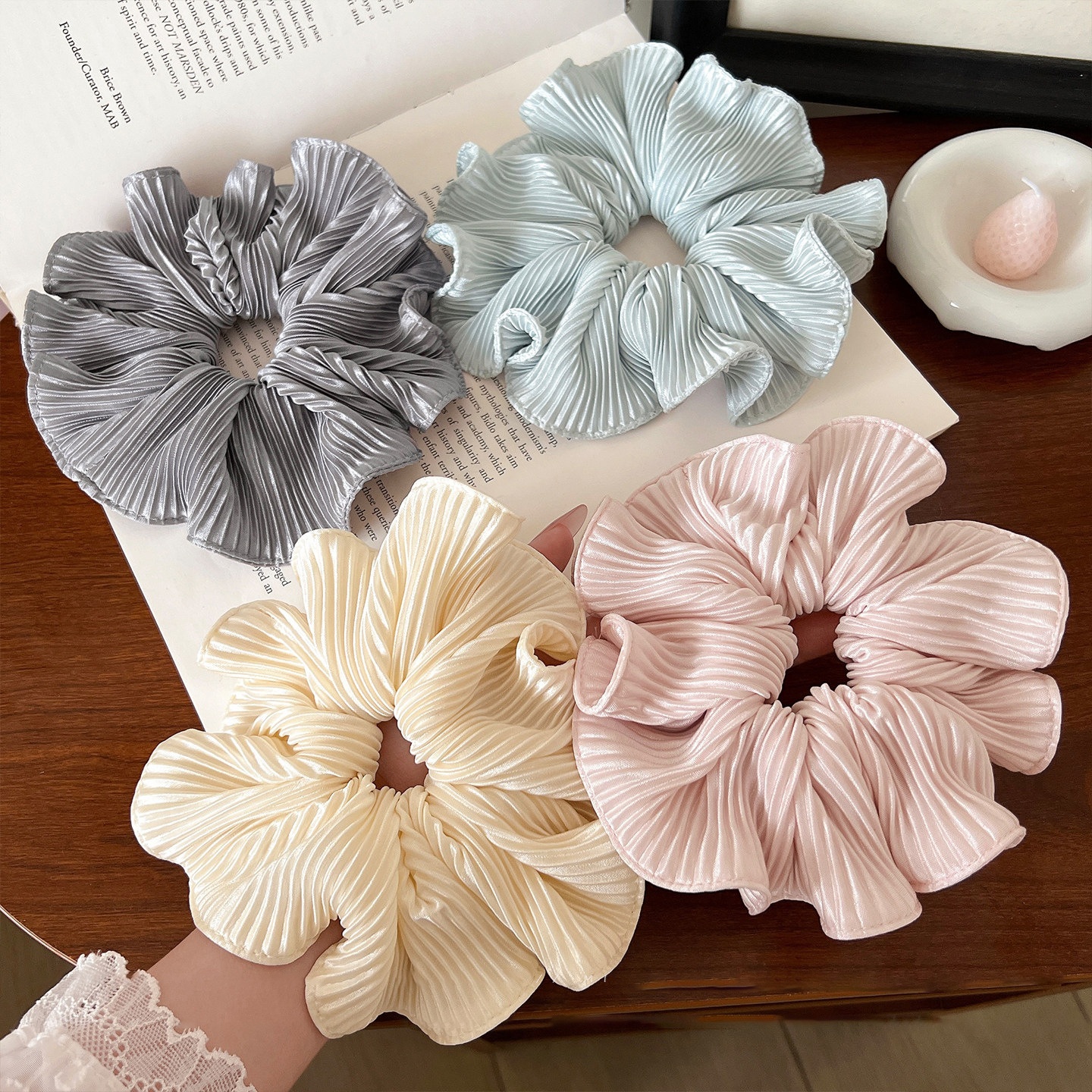 Women's Spring Everyday Cloth Hair Tie Scrunchie Grey Striped