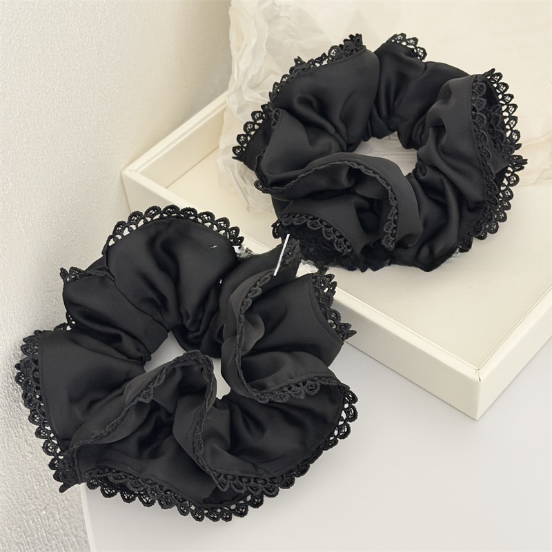 Women's All-Season Satin Double Layer Ruffled Hair Tie Solid Black
