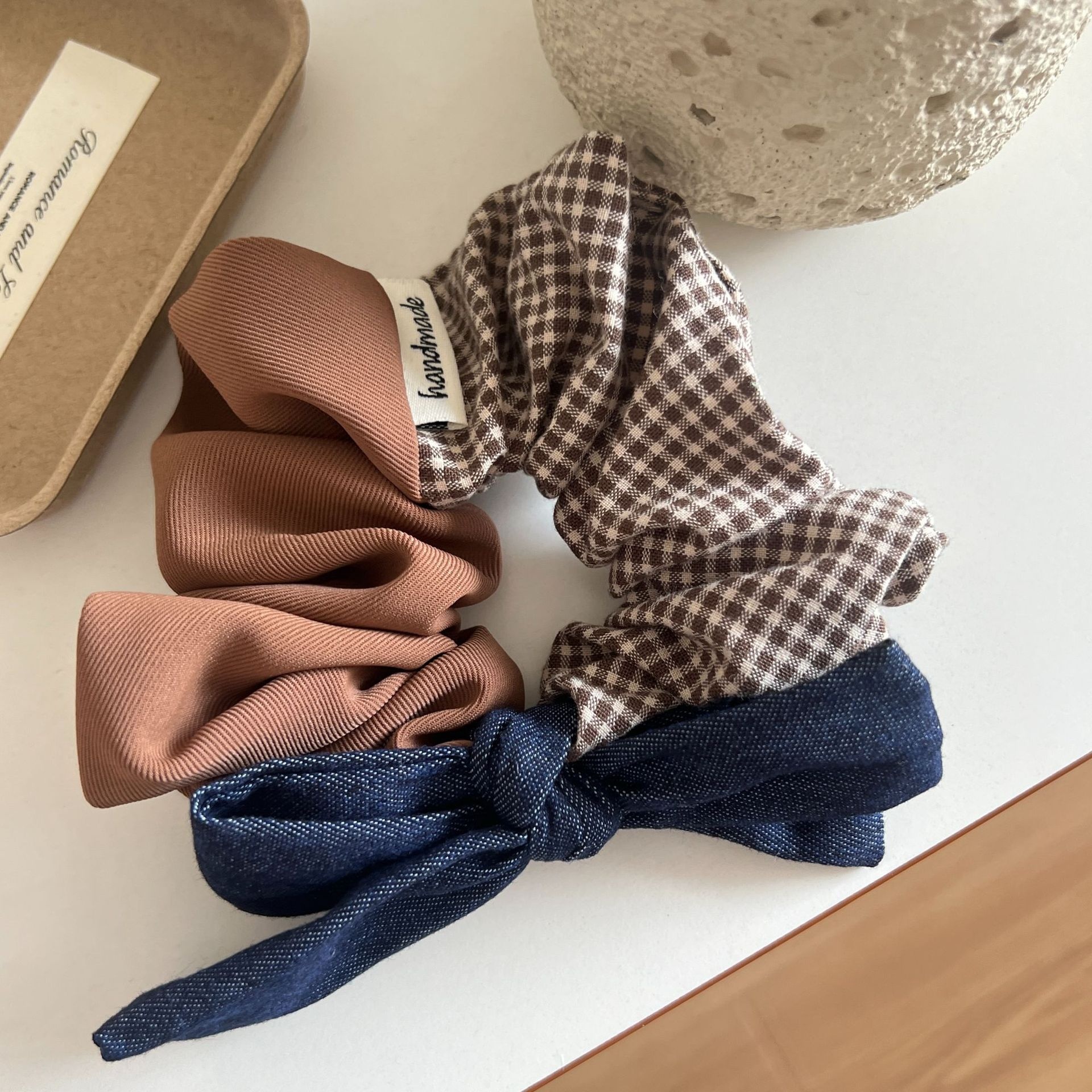 Women's Elegant Plaid Cloth Hair Ties Cute Bear Low Bun Hair Ropes