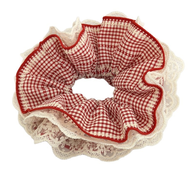Women's Casual Cloth Hair Scrunchies Red White Plaid Patchwork
