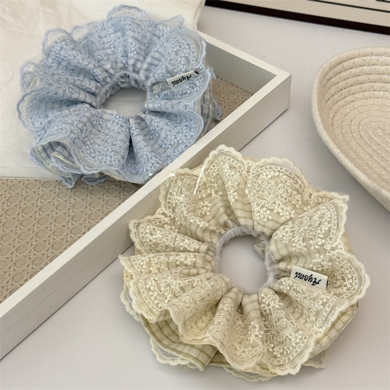 Women's All-Season Cloth Lace Scrunchies Hair Tie Beige Blue Plaid