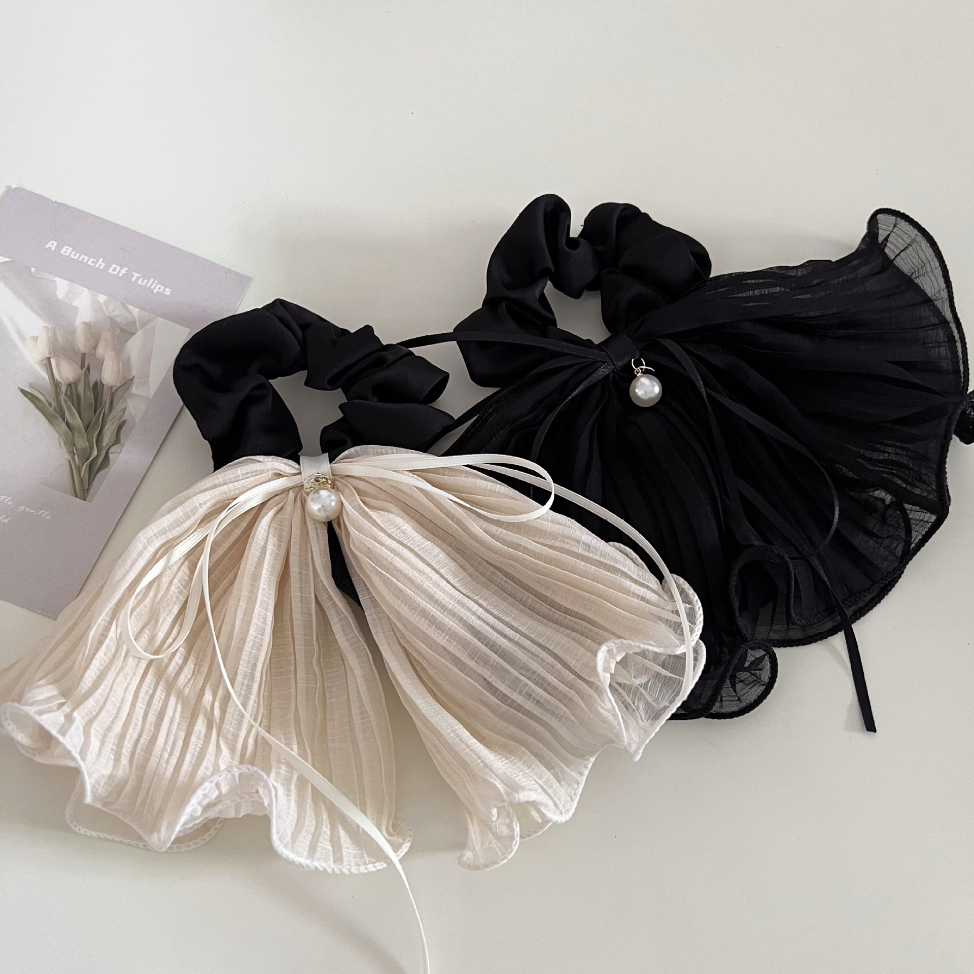 Women's French Double Layer Tulle Hair Tie Pearl Bowknot Black White