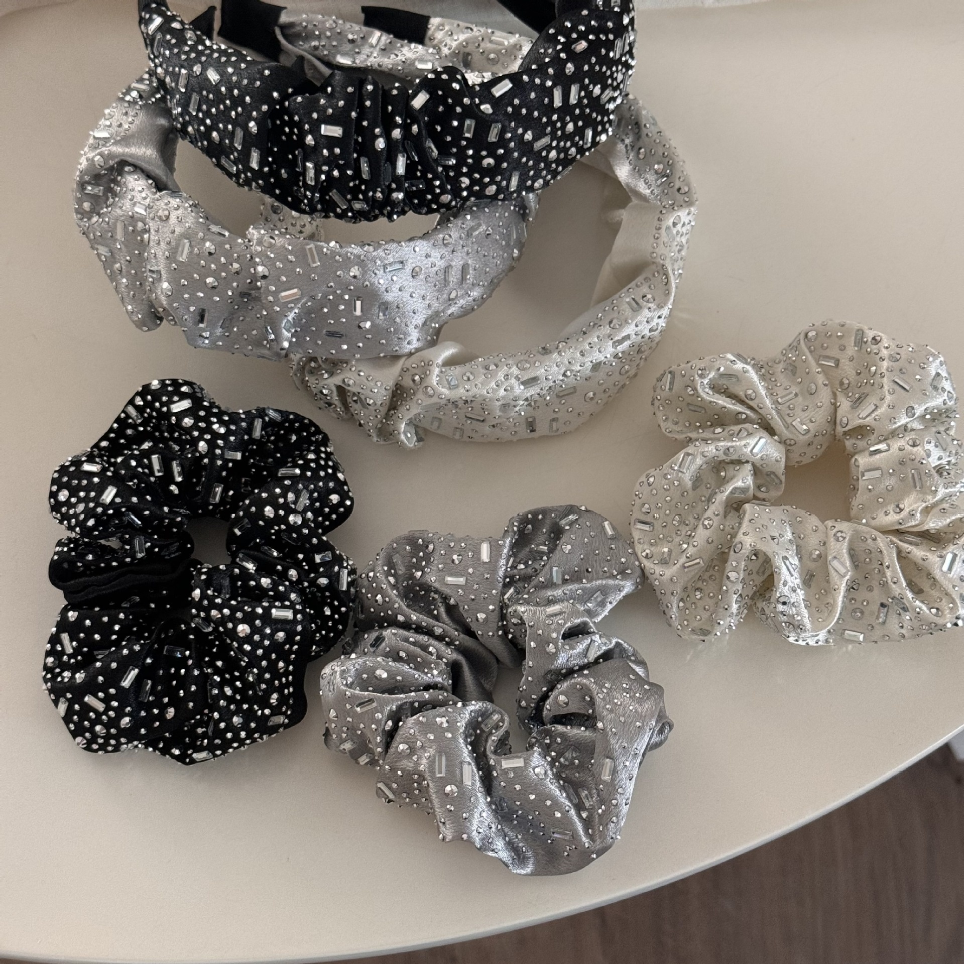 Women's Sweet Rhinestone Satin Summer Hair Tie Irregular Black