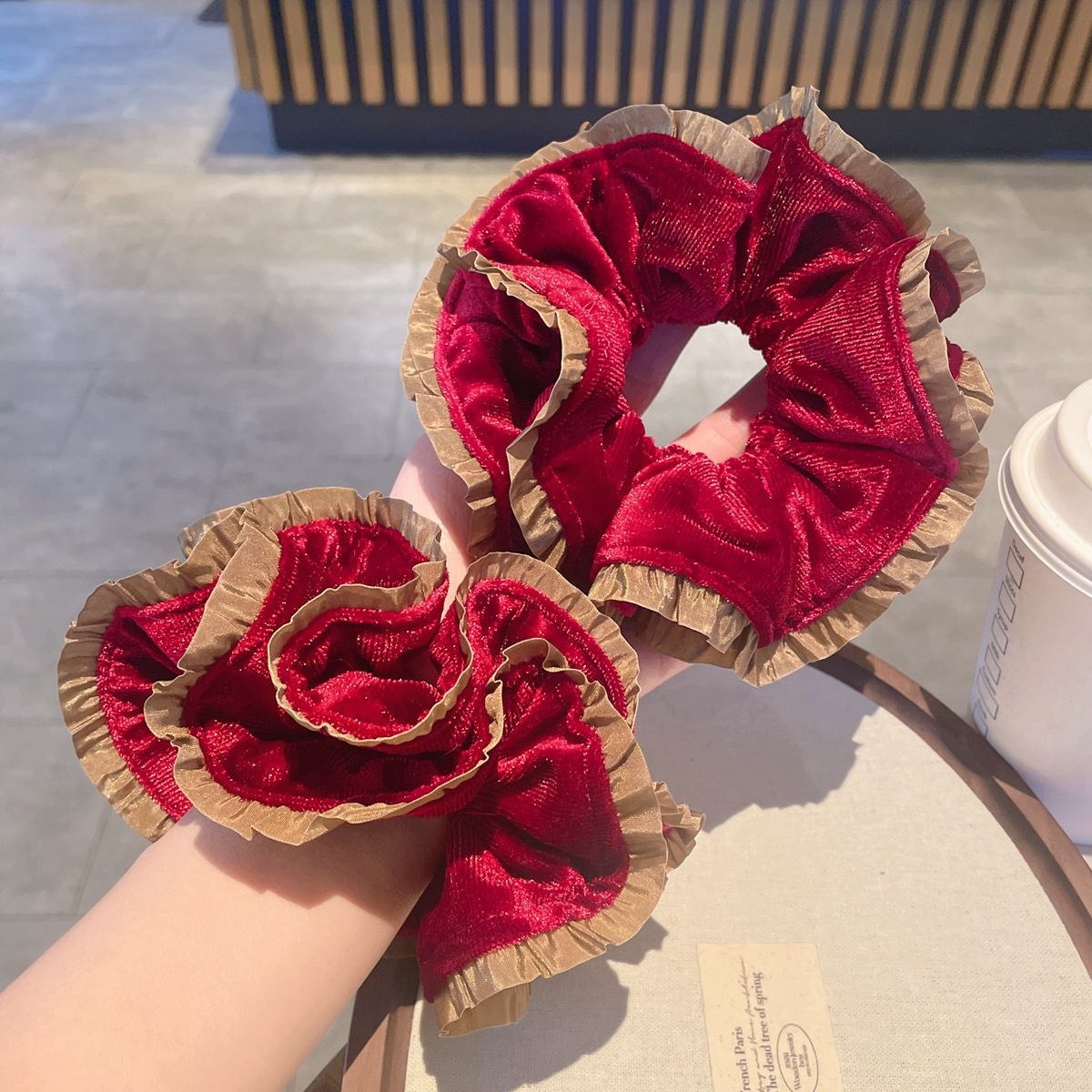 Women's French Velvet Lace Hair Tie Winter Accessory Wine Red Color Block