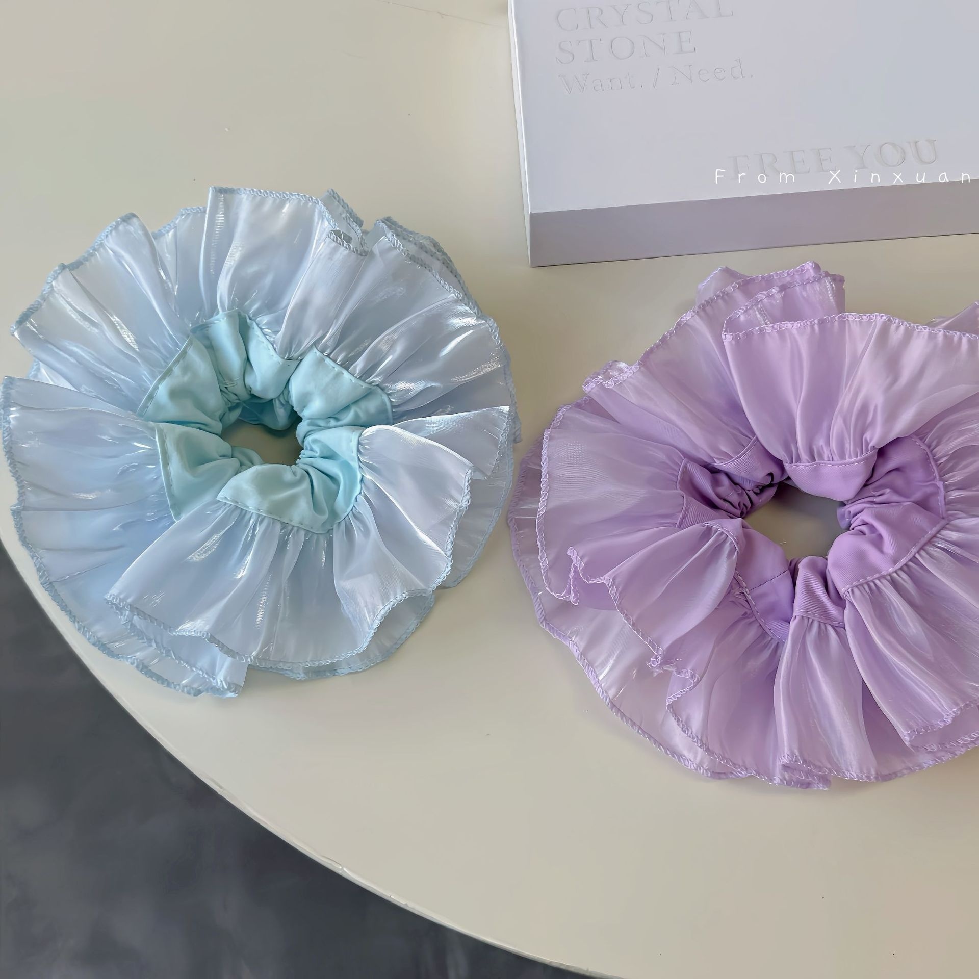 Women's Handmade Pleated Gauze Large Bow Lazy Hair Tie Lilac Blue