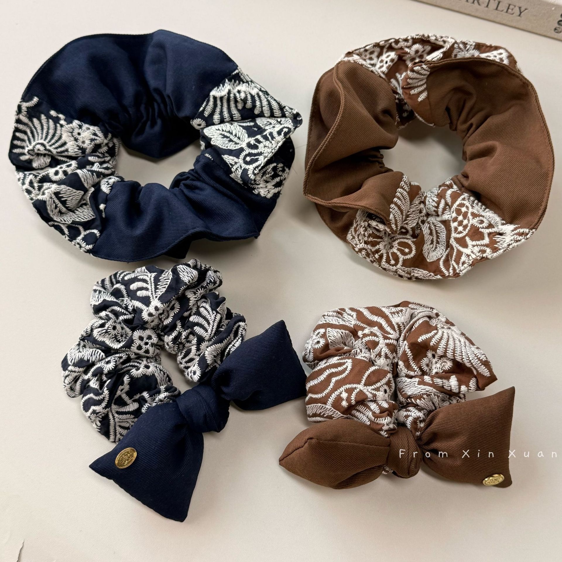 Women's Vintage Winter Cloth Bow Bun Hair Tie Embroidered Coffee Blue