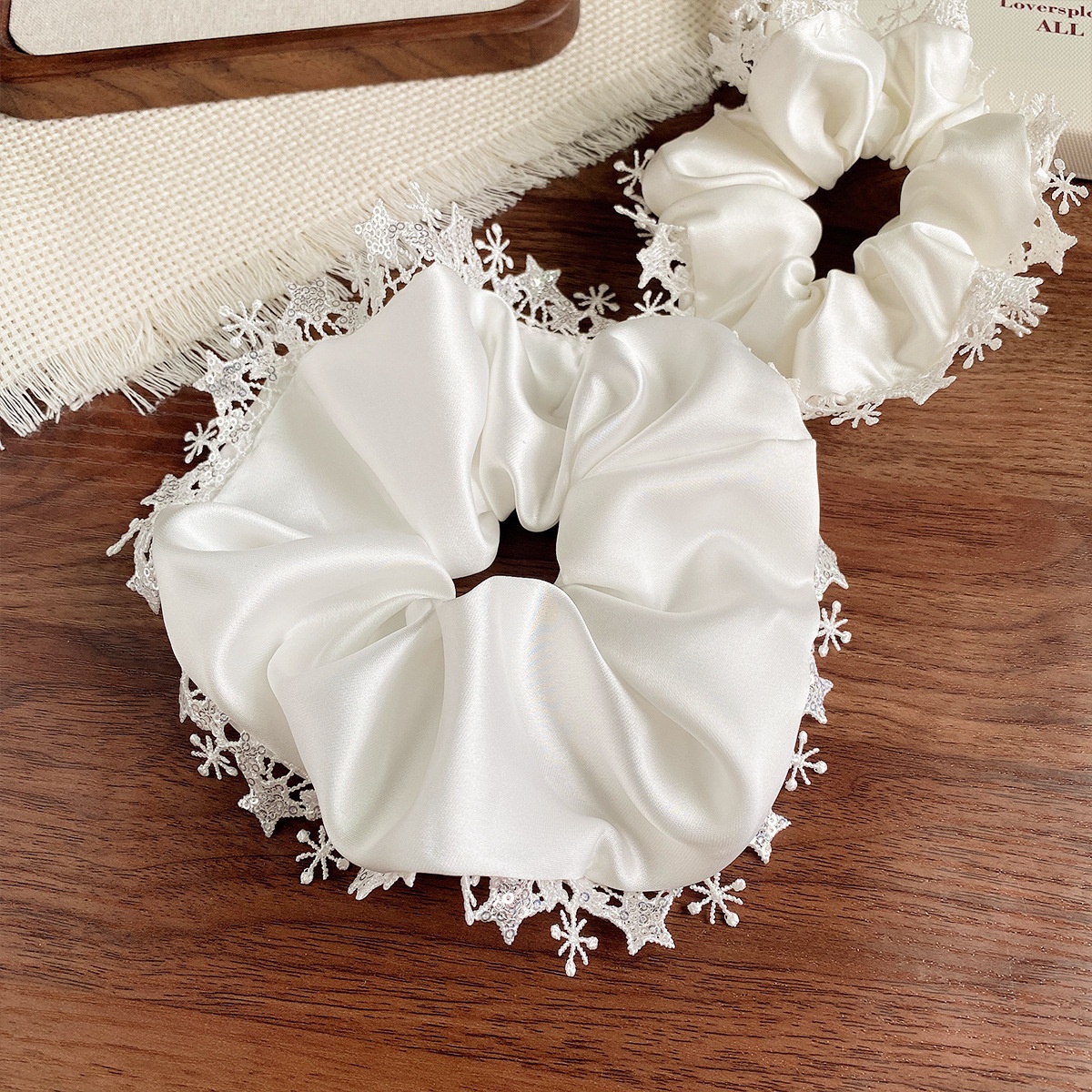 Women's French Style Satin Large Scrunchie Hair Tie White Star Lace