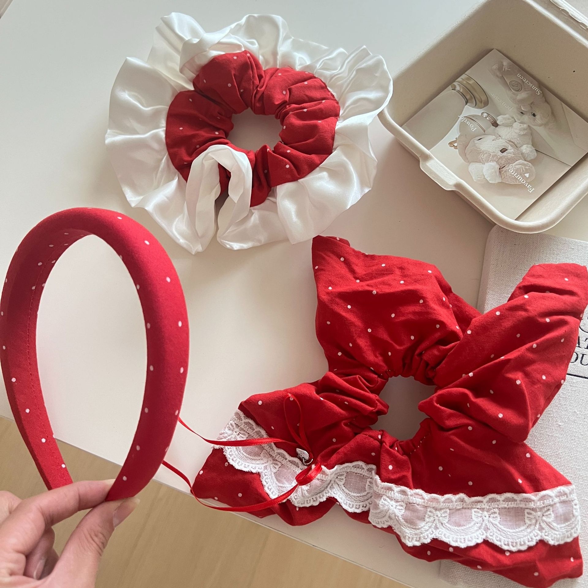 Women's Retro Red Polka Dot Scarf Hair Tie Elegant Cloth Daily Accessories