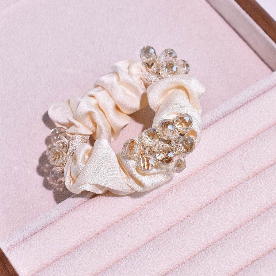 Women's French Satin Crystal Low Bun Hair Tie Rose Floral Beige Black