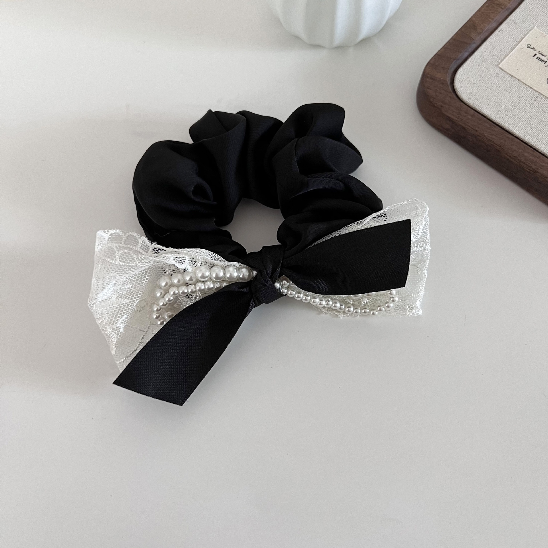 Women's Elegant Lace Pearl Ponytail Elastic Hair Tie Bowknot Pink Black